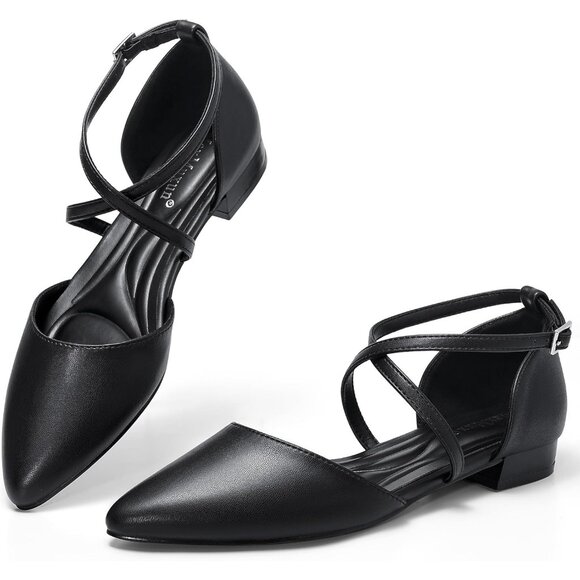 Women's Black-1 Pointed Toe With Adjustable Ankle Strap Dressy Slingback Flats - Picture 1 of 7